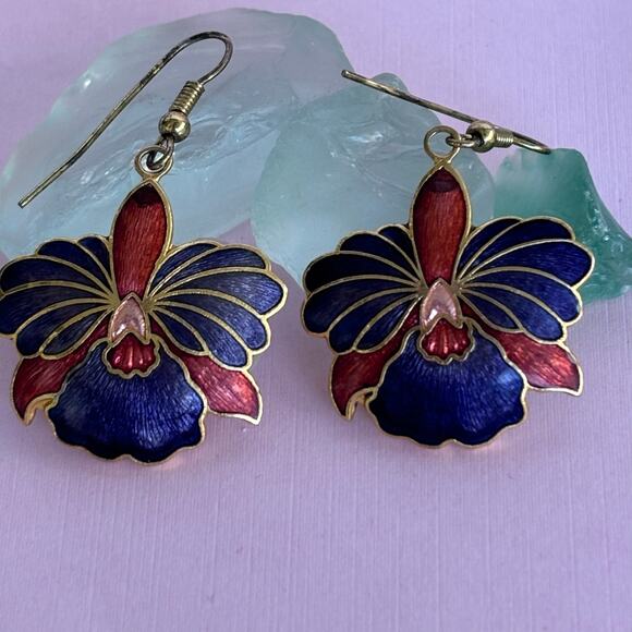 VINTAGE Cloisonné Enamel Floral Dangle Earrings - Picture 2 of 5